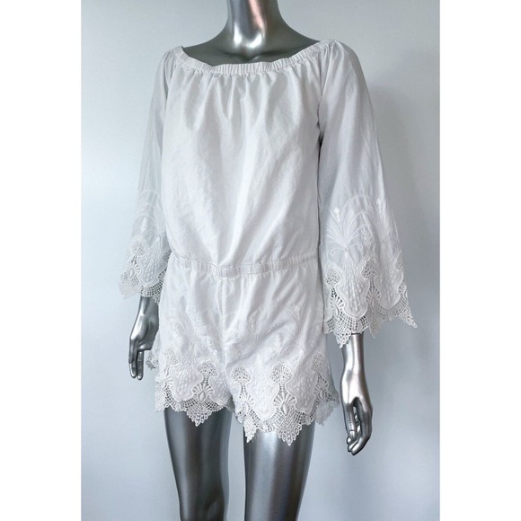 TJD Romper White Crochet Off Shoulder Jumpsuit - Picture 1 of 9